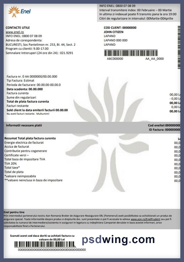 Romania Enel Electricity Proof of Address Utility Bill